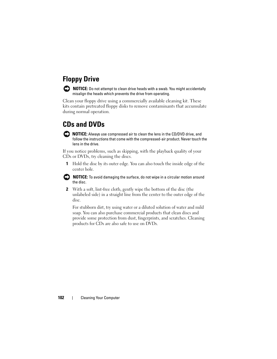 Floppy drive, Cds and dvds | Dell Latitude D530 (Early 2008) User Manual | Page 102 / 176