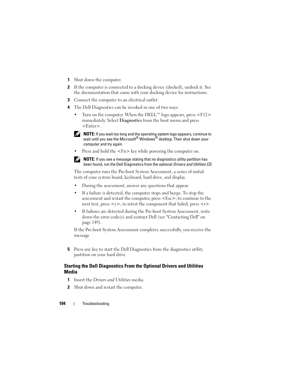 Starting the dell diagnostics from the optional, Drivers and utilities media | Dell Latitude D530 (Early 2008) User Manual | Page 104 / 176