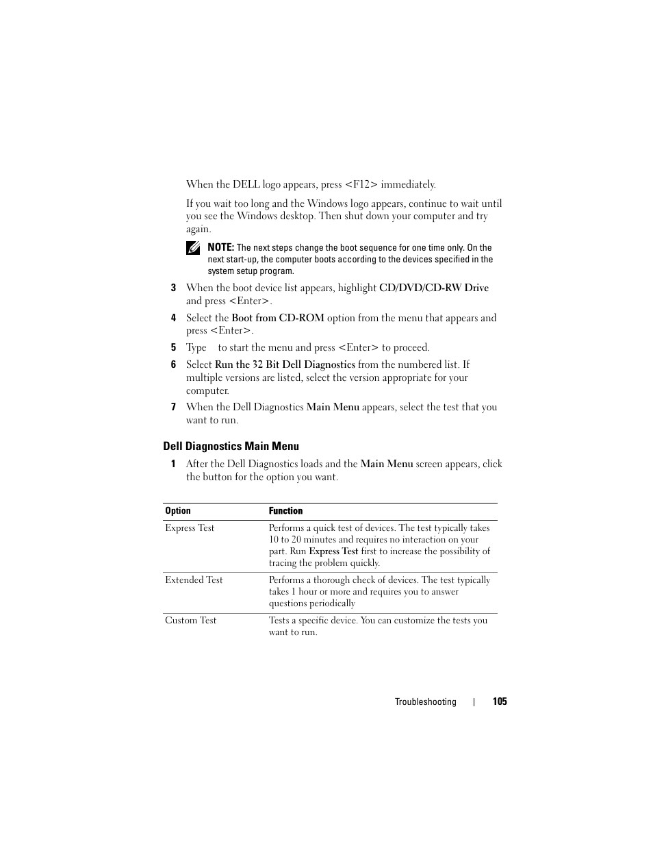 Dell diagnostics main menu | Dell Latitude D530 (Early 2008) User Manual | Page 105 / 176