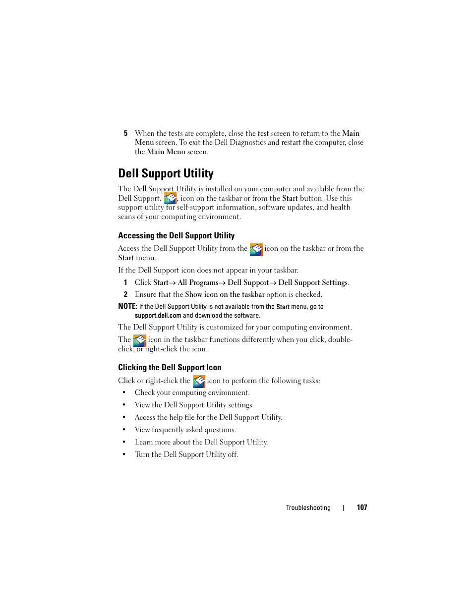 Dell support utility, Accessing the dell support utility, Clicking the dell support icon | Dell Latitude D530 (Early 2008) User Manual | Page 107 / 176