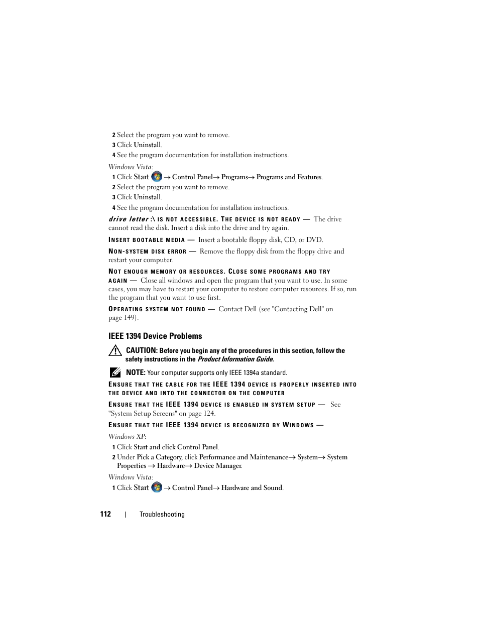 Ieee 1394 device problems | Dell Latitude D530 (Early 2008) User Manual | Page 112 / 176