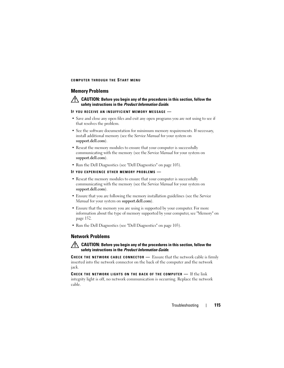 Memory problems, Network problems | Dell Latitude D530 (Early 2008) User Manual | Page 115 / 176