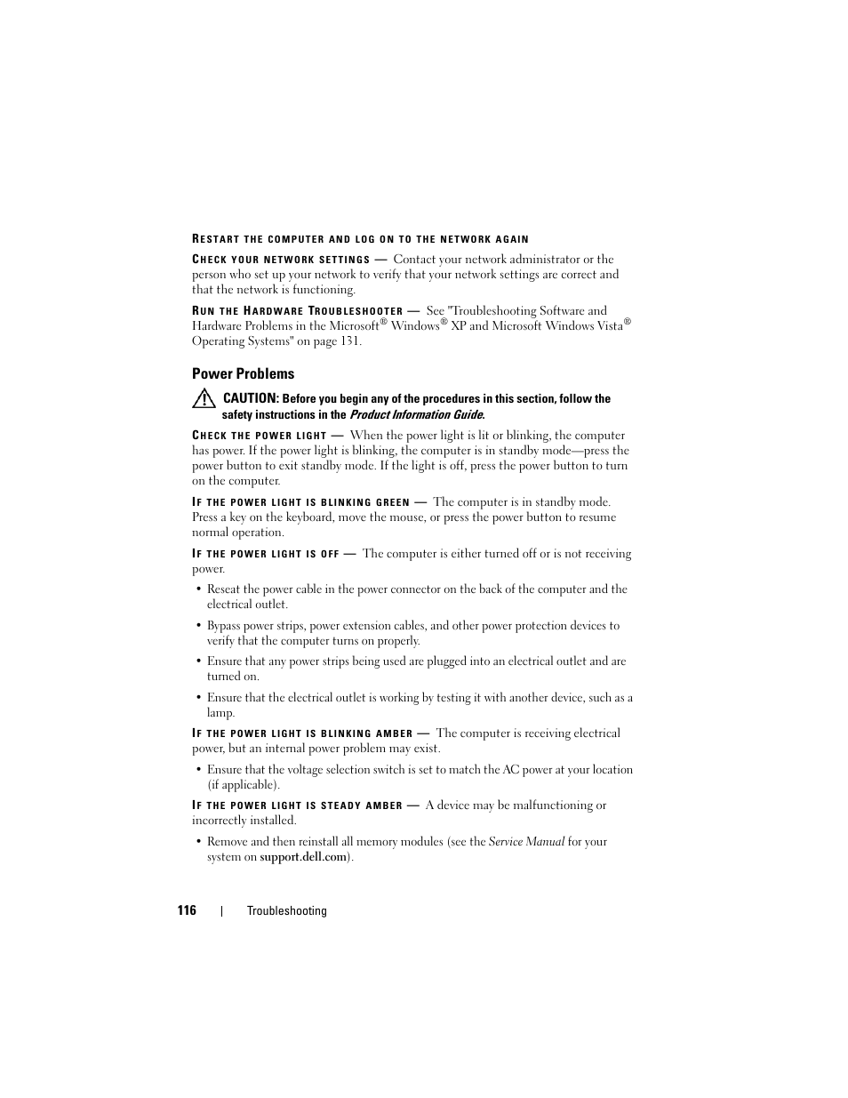Power problems | Dell Latitude D530 (Early 2008) User Manual | Page 116 / 176
