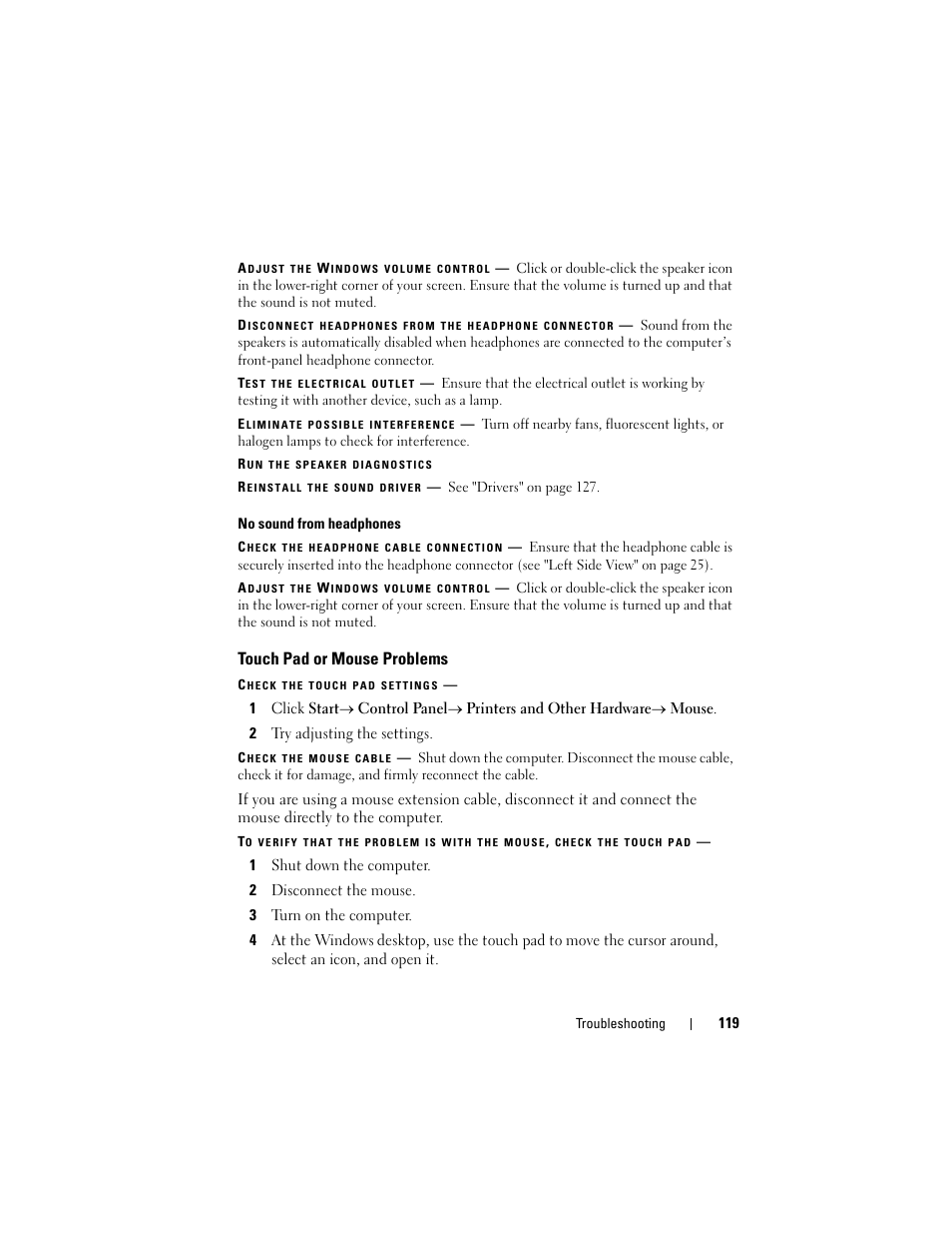 Touch pad or mouse problems | Dell Latitude D530 (Early 2008) User Manual | Page 119 / 176