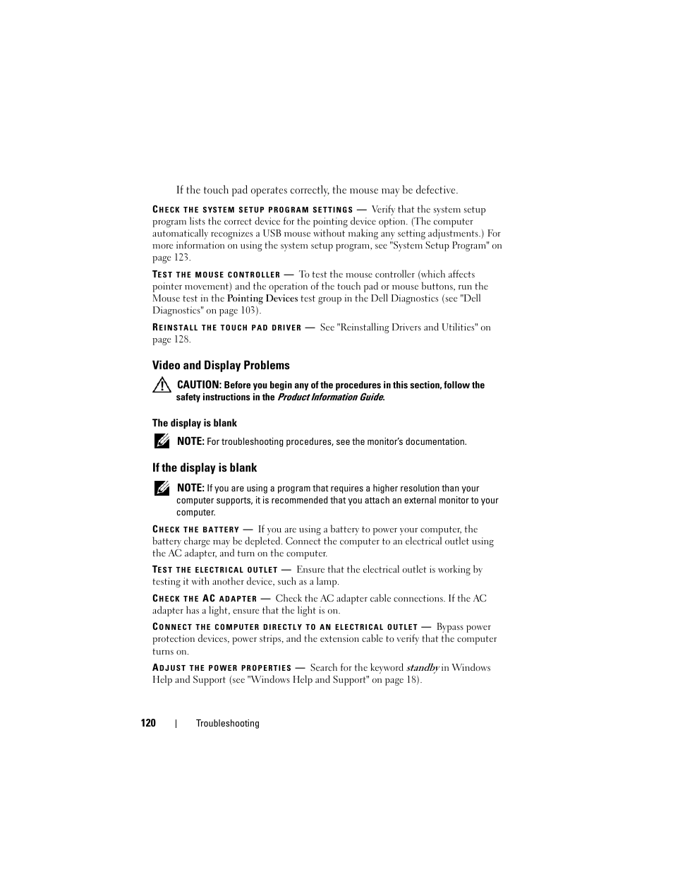 Video and display problems, If the display is blank | Dell Latitude D530 (Early 2008) User Manual | Page 120 / 176