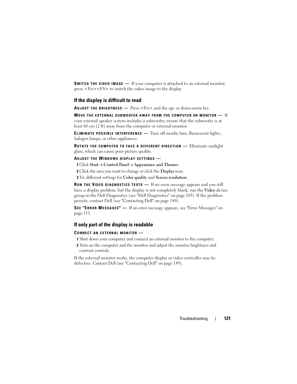 If the display is difficult to read, If only part of the display is readable | Dell Latitude D530 (Early 2008) User Manual | Page 121 / 176