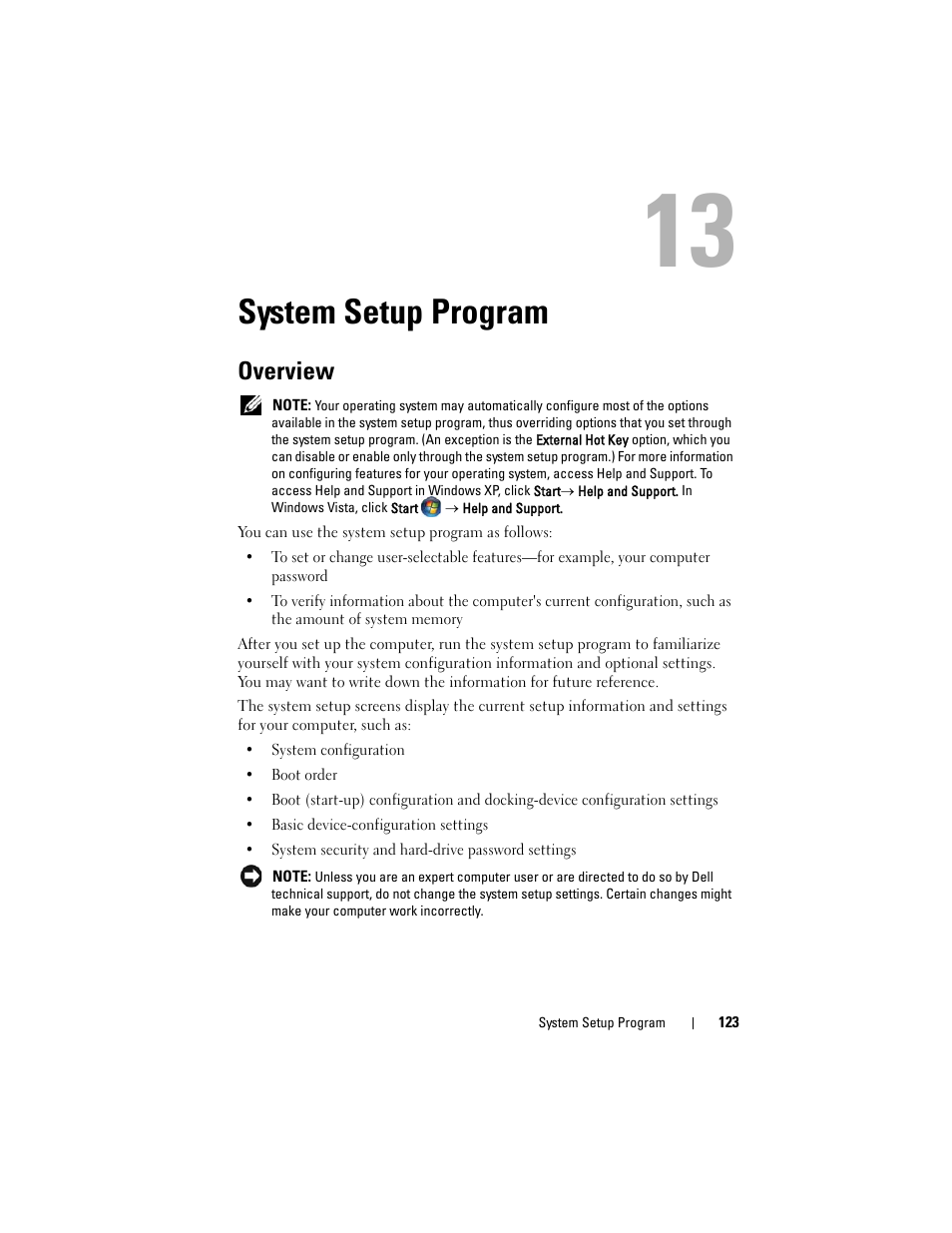 System setup program, Overview, See "system setup program" on | Dell Latitude D530 (Early 2008) User Manual | Page 123 / 176
