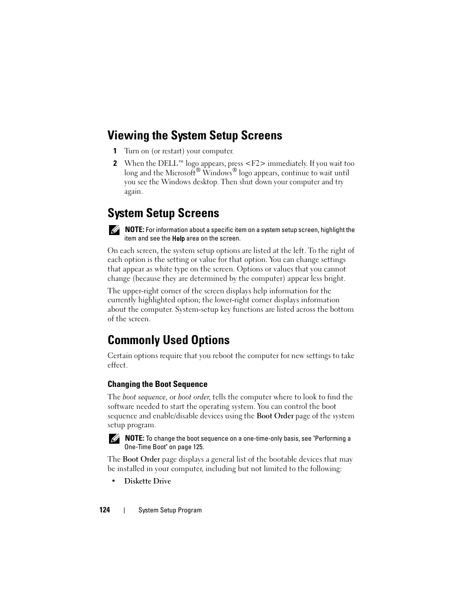 Viewing the system setup screens, System setup screens, Commonly used options | Changing the boot sequence | Dell Latitude D530 (Early 2008) User Manual | Page 124 / 176