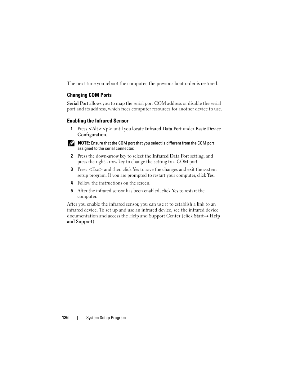 Changing com ports, Enabling the infrared sensor | Dell Latitude D530 (Early 2008) User Manual | Page 126 / 176