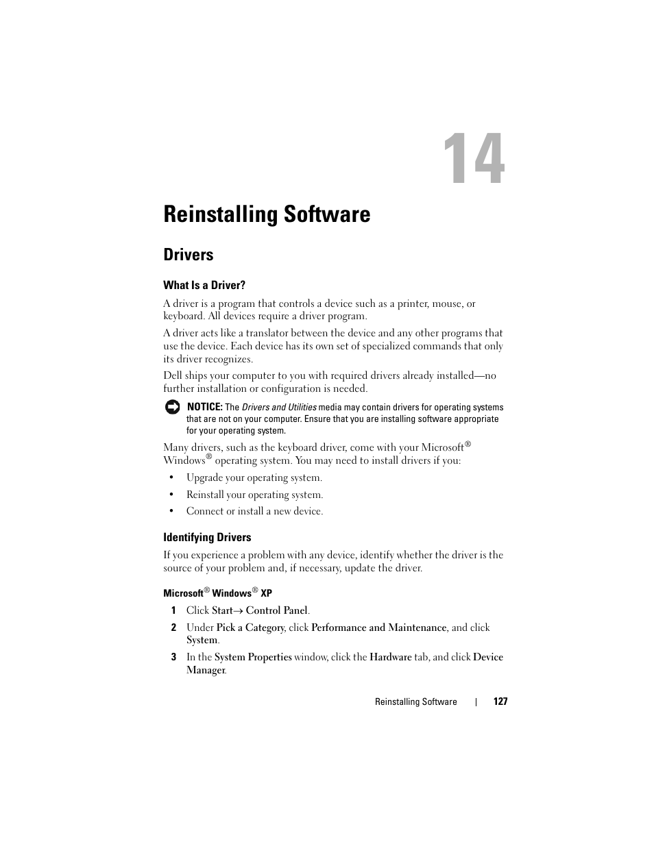 Reinstalling software, Drivers, What is a driver | Identifying drivers | Dell Latitude D530 (Early 2008) User Manual | Page 127 / 176