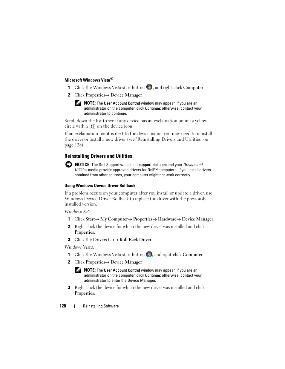Reinstalling drivers and utilities, See "reinstalling drivers and, See "reinstalling drivers and utilities" on | Dell Latitude D530 (Early 2008) User Manual | Page 128 / 176