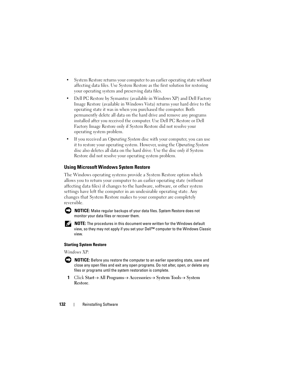 Using microsoft windows system restore, Using microsoft | Dell Latitude D530 (Early 2008) User Manual | Page 132 / 176