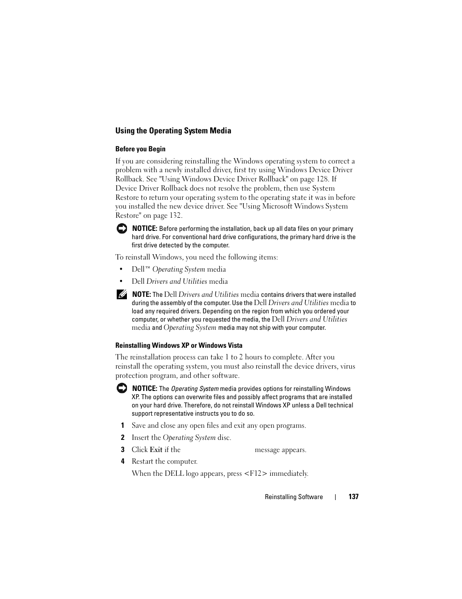 Using the operating system media | Dell Latitude D530 (Early 2008) User Manual | Page 137 / 176
