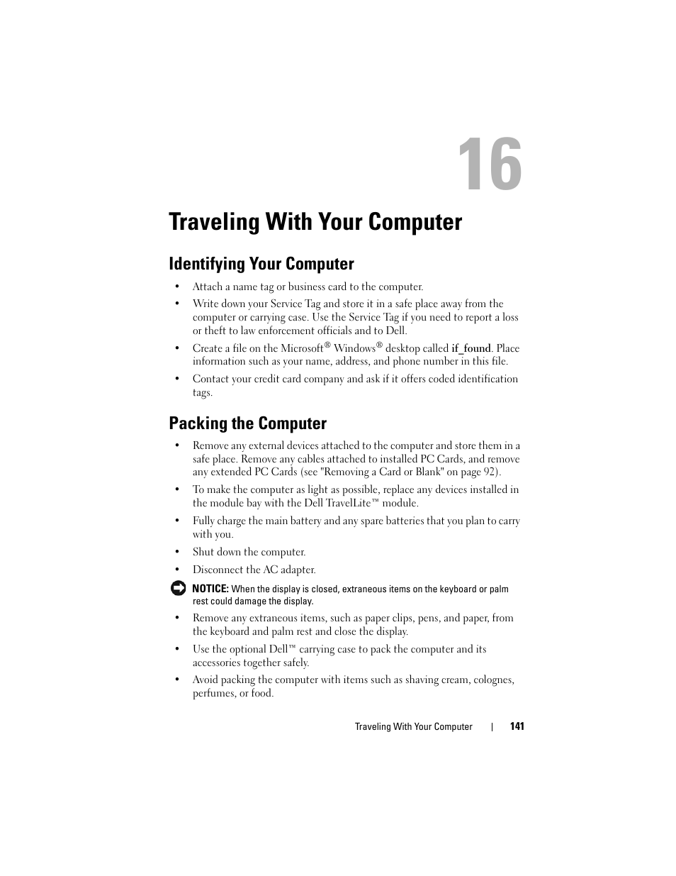 Traveling with your computer, Identifying your computer, Packing the computer | Dell Latitude D530 (Early 2008) User Manual | Page 141 / 176