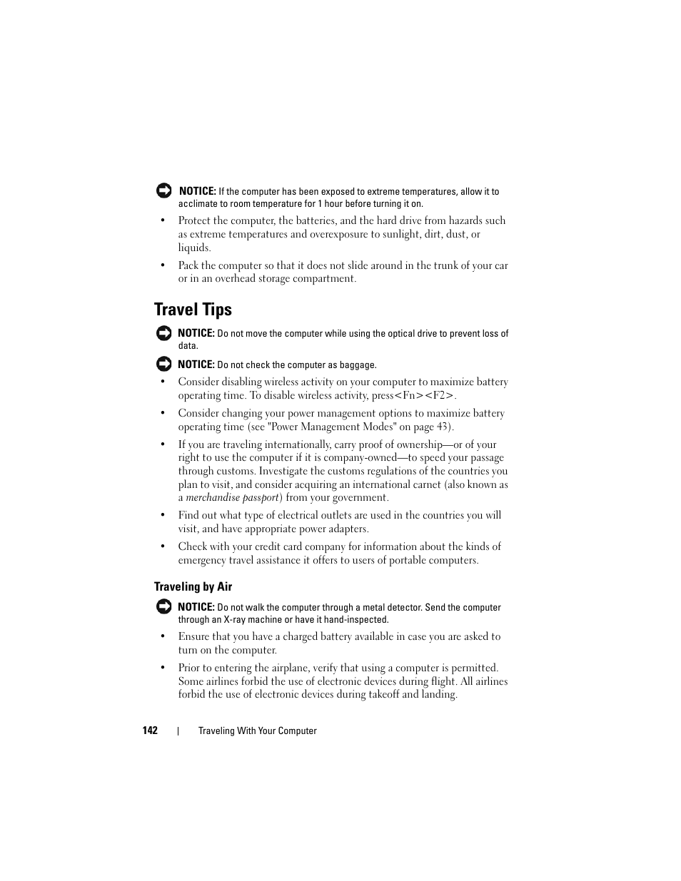 Travel tips, Traveling by air | Dell Latitude D530 (Early 2008) User Manual | Page 142 / 176