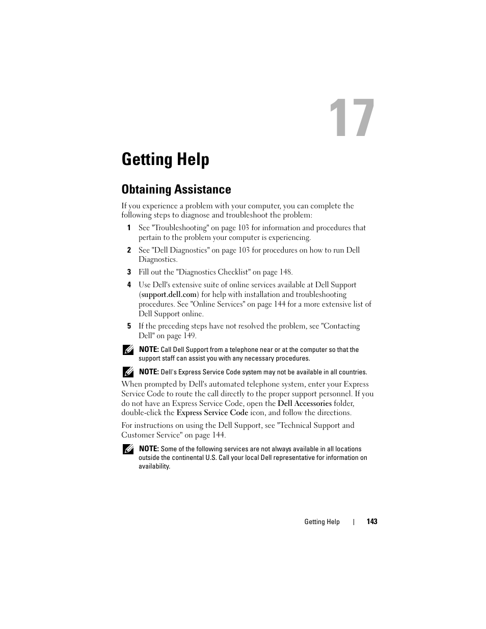 Getting help, Obtaining assistance | Dell Latitude D530 (Early 2008) User Manual | Page 143 / 176