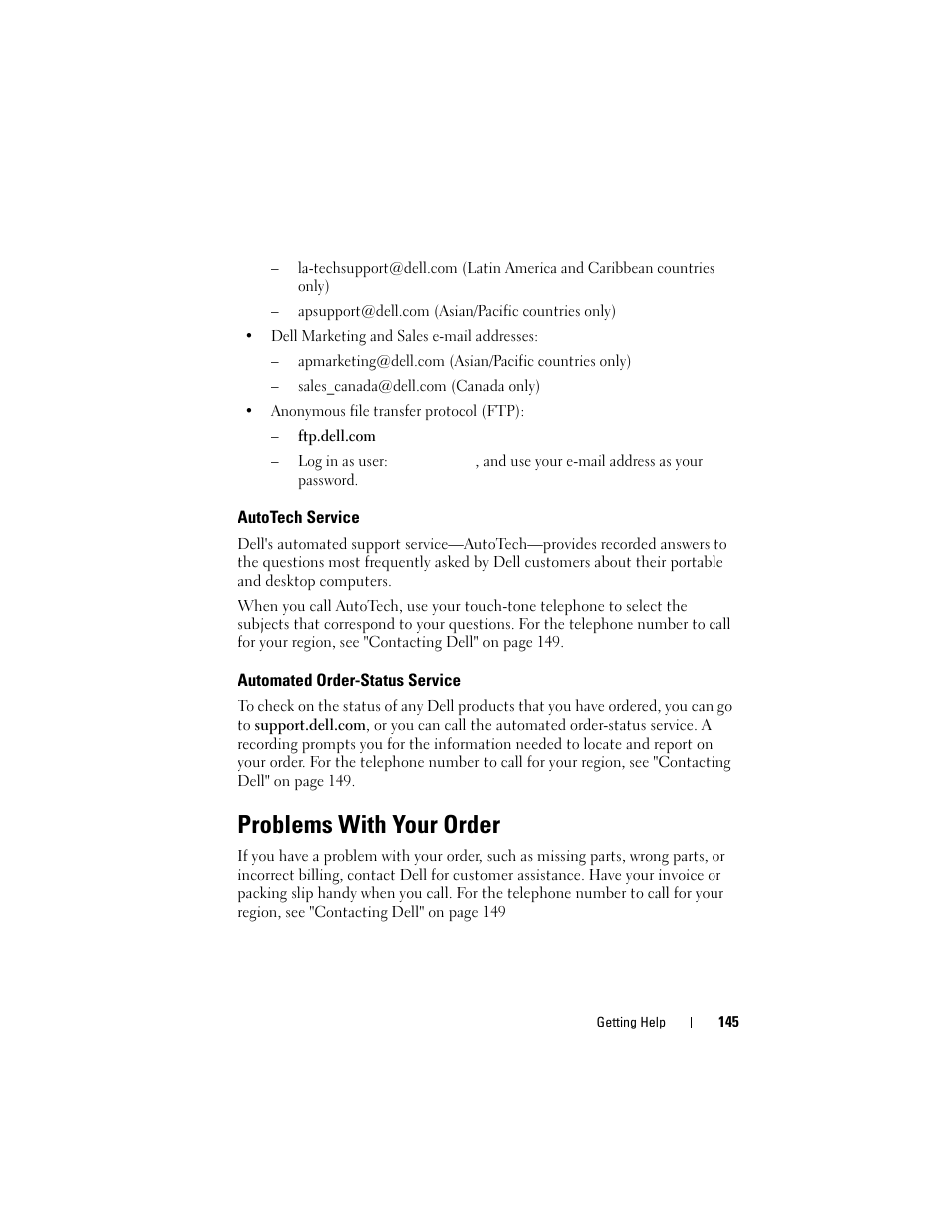 Autotech service, Automated order-status service, Problems with your order | Dell Latitude D530 (Early 2008) User Manual | Page 145 / 176