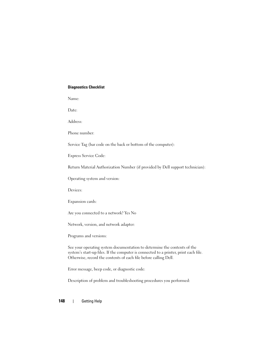 Diagnostics checklist | Dell Latitude D530 (Early 2008) User Manual | Page 148 / 176