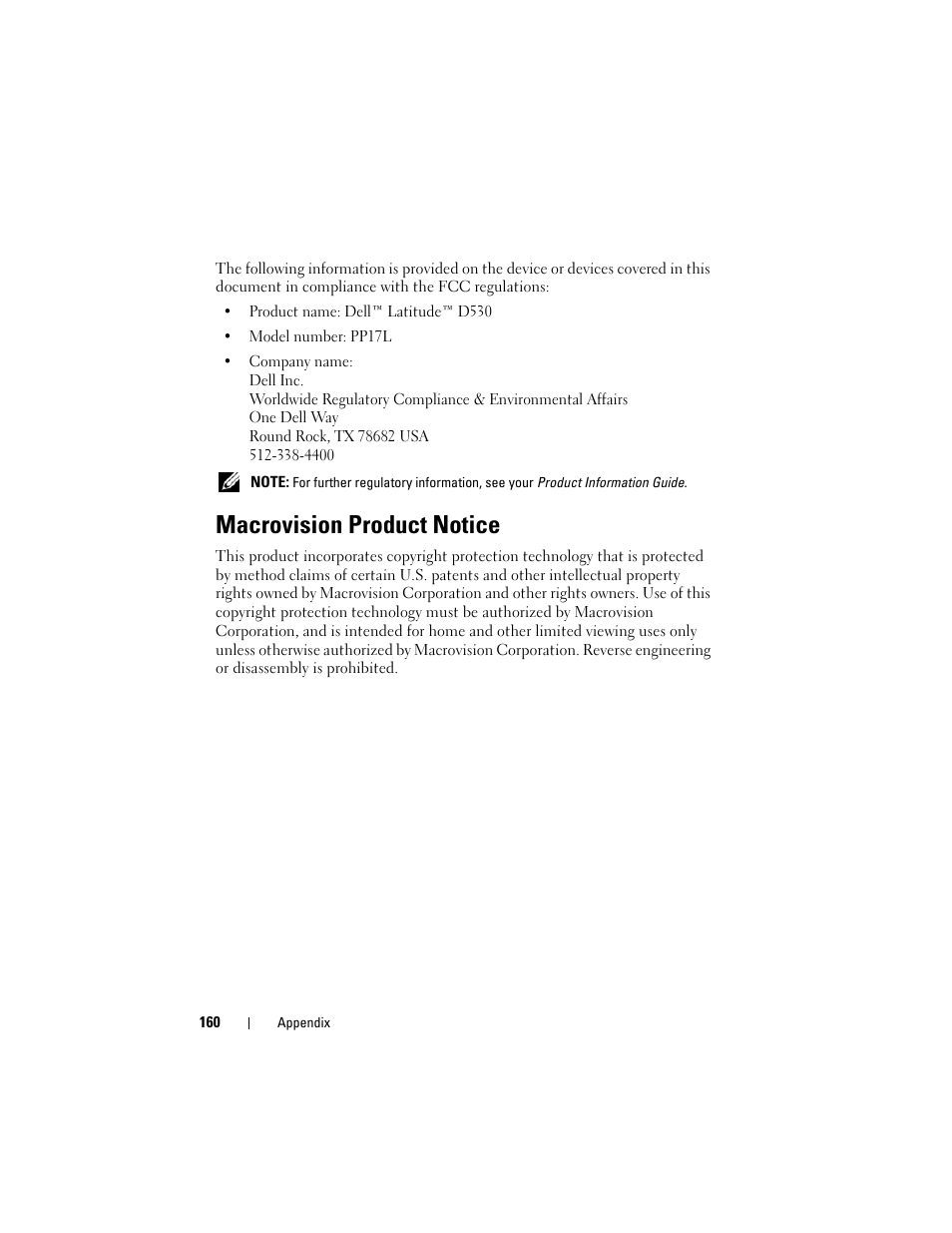 Macrovision product notice | Dell Latitude D530 (Early 2008) User Manual | Page 160 / 176