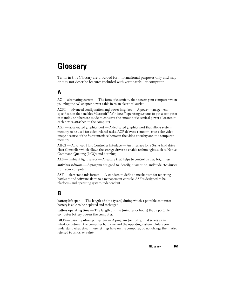 Glossary, Glossary 161 | Dell Latitude D530 (Early 2008) User Manual | Page 161 / 176