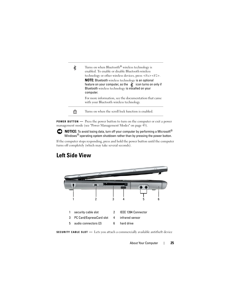 Left side view, Power button | Dell Latitude D530 (Early 2008) User Manual | Page 25 / 176