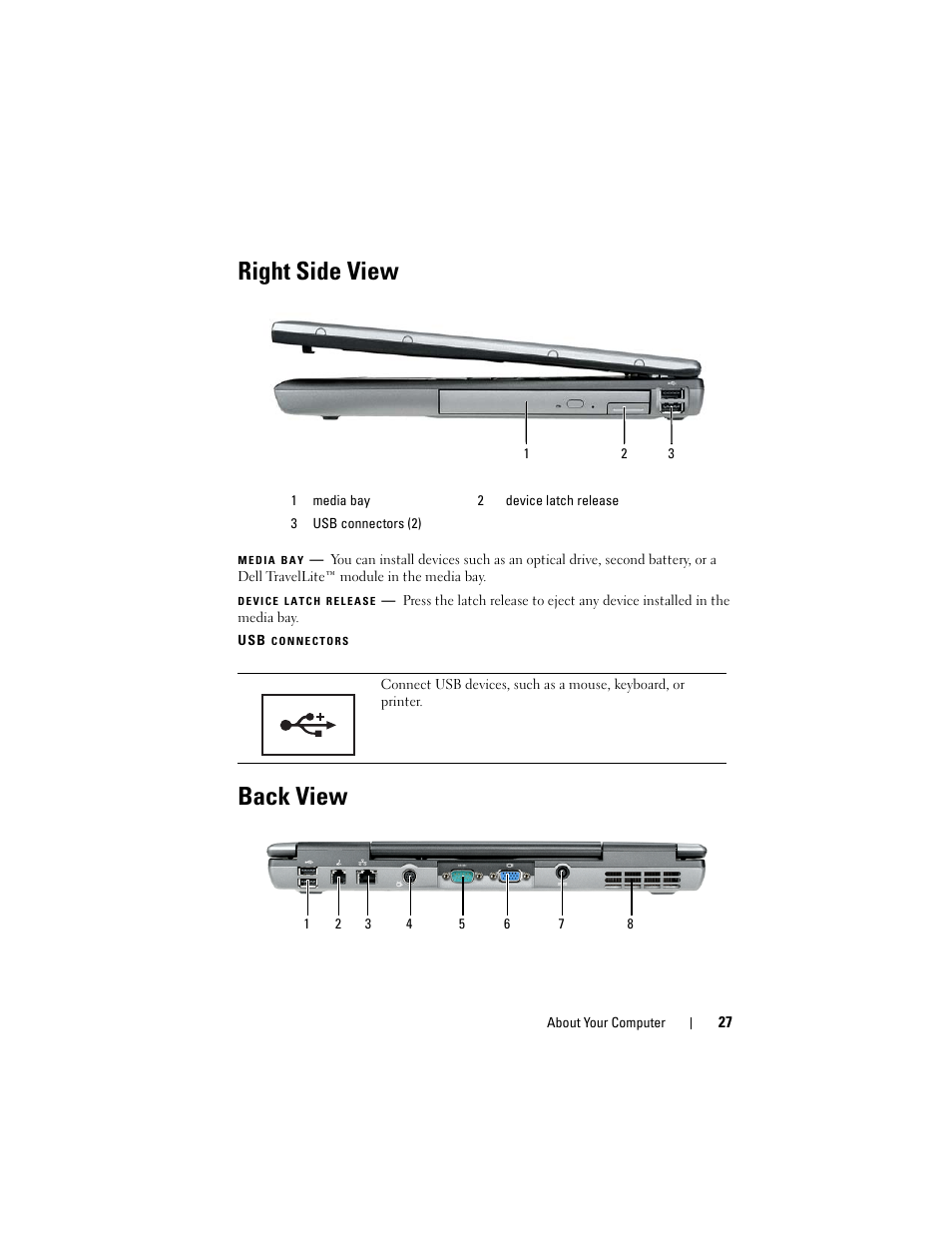 Right side view, Back view | Dell Latitude D530 (Early 2008) User Manual | Page 27 / 176