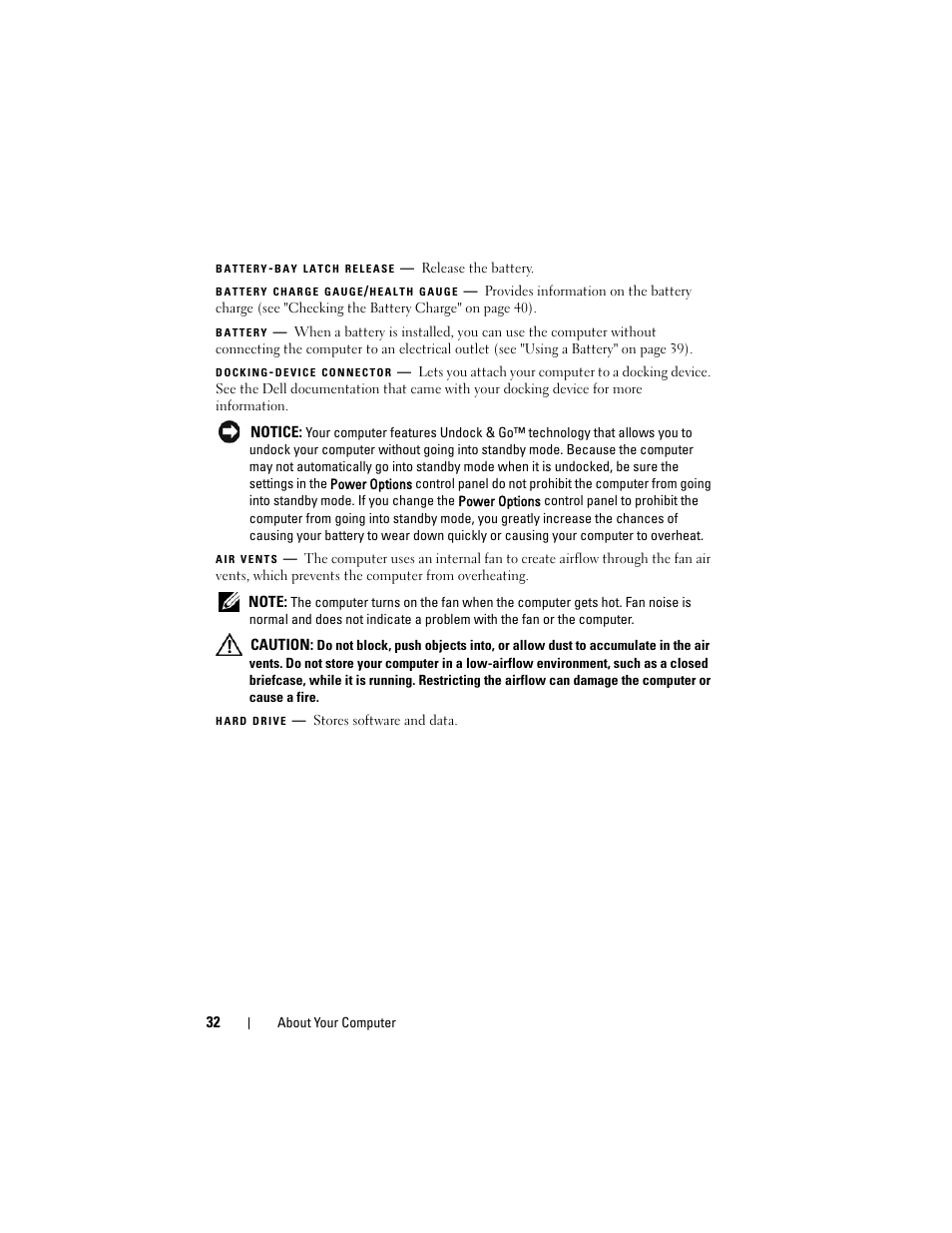 Air vents, Battery charge, Gauge/health gauge | Battery, Docking-device connector, Hard drive | Dell Latitude D530 (Early 2008) User Manual | Page 32 / 176