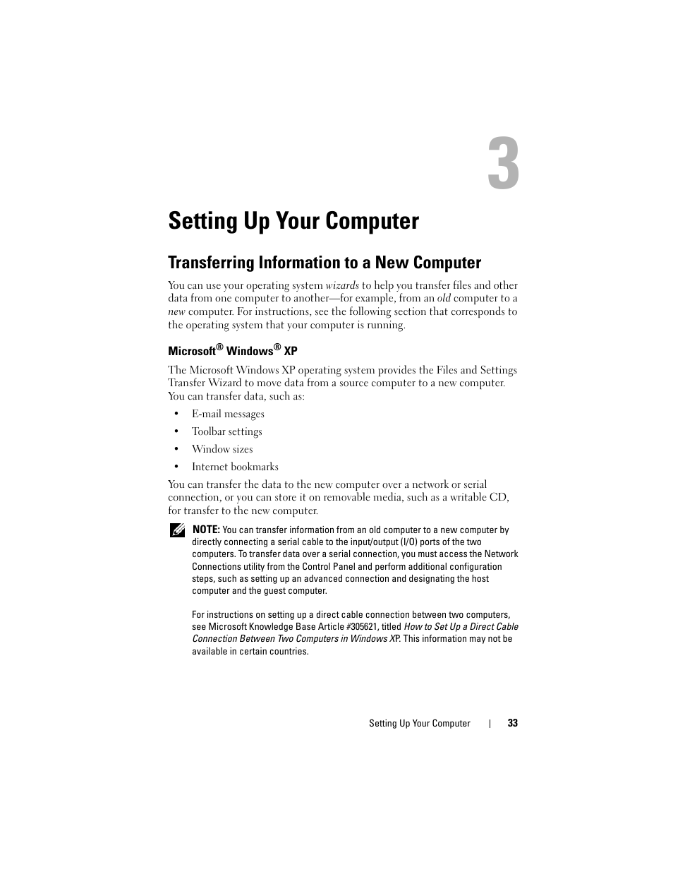 Setting up your computer, Transferring information to a new computer, Microsoft® windows® xp | Microsoft | Dell Latitude D530 (Early 2008) User Manual | Page 33 / 176