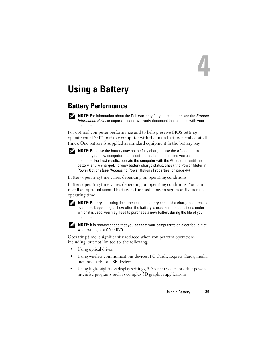 Using a battery, Battery performance | Dell Latitude D530 (Early 2008) User Manual | Page 39 / 176