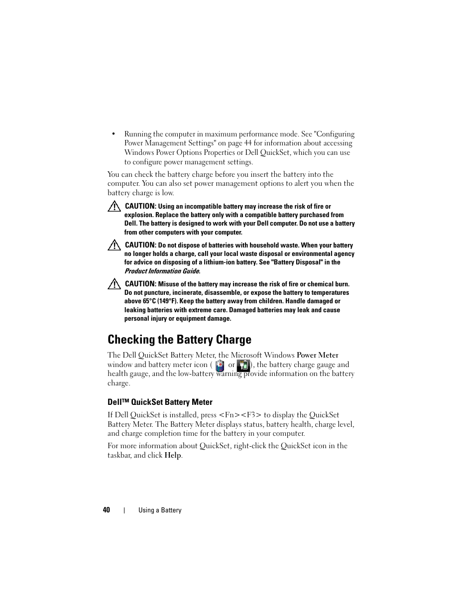 Checking the battery charge, Dell™ quickset battery meter | Dell Latitude D530 (Early 2008) User Manual | Page 40 / 176