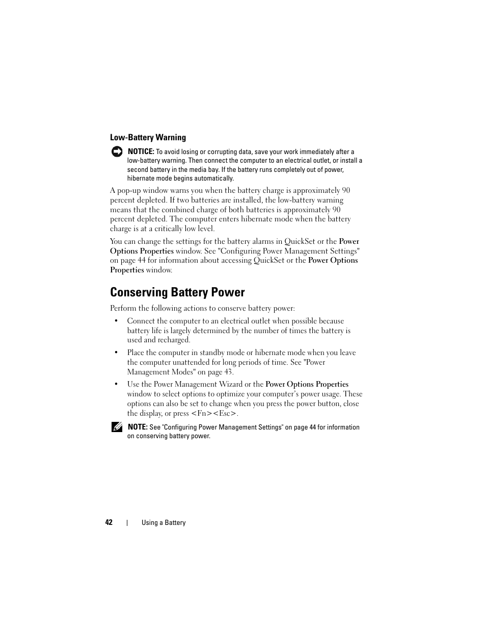 Low-battery warning, Conserving battery power | Dell Latitude D530 (Early 2008) User Manual | Page 42 / 176