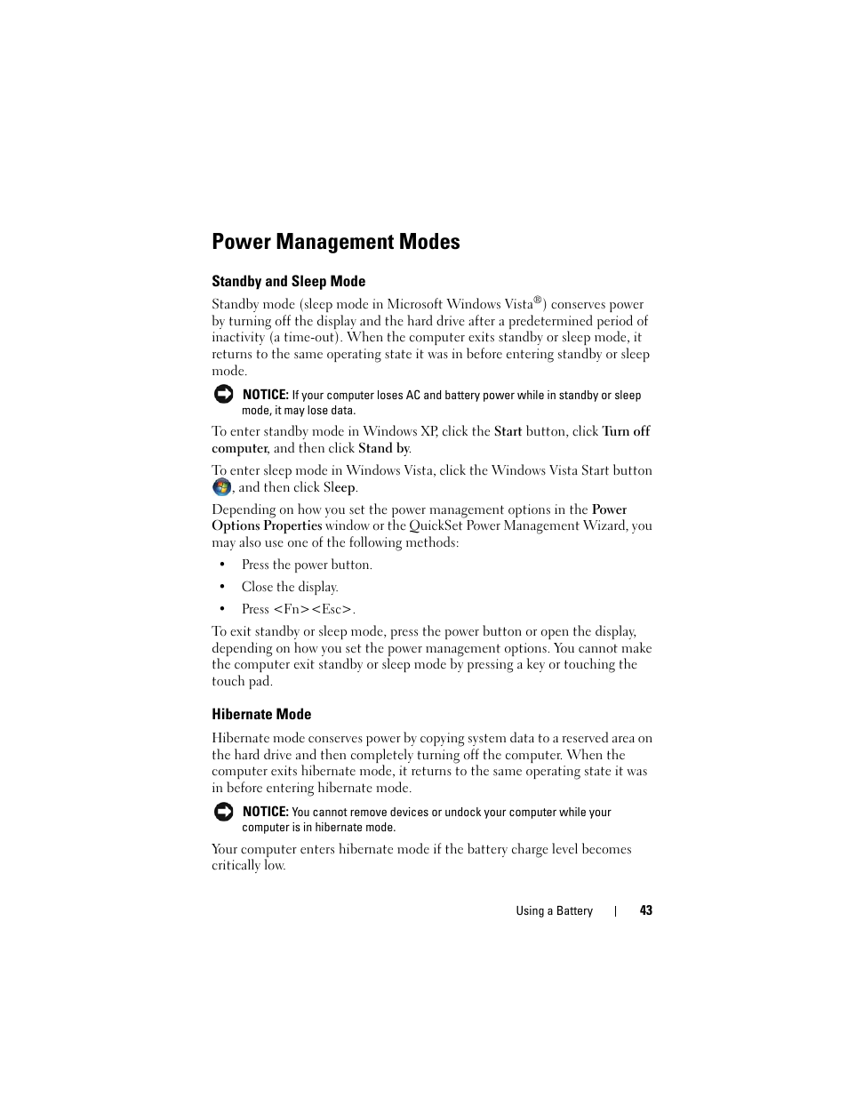 Power management modes, Standby and sleep mode, Hibernate mode | Power | Dell Latitude D530 (Early 2008) User Manual | Page 43 / 176