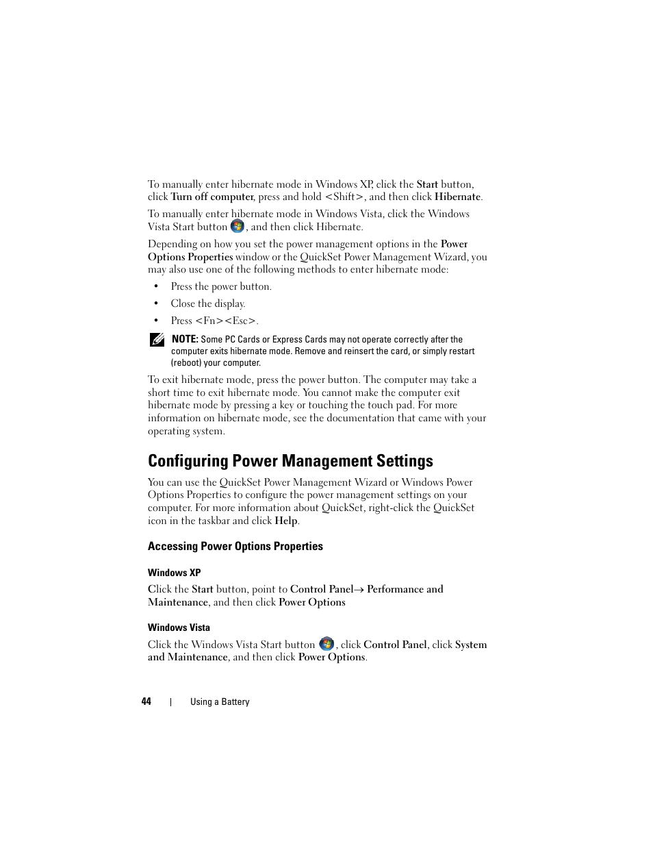 Configuring power management settings, Accessing power options properties, See "configuring power management settings | Dell Latitude D530 (Early 2008) User Manual | Page 44 / 176