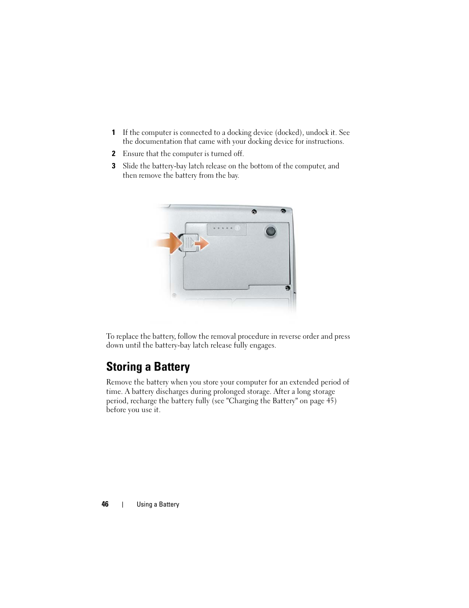 Storing a battery | Dell Latitude D530 (Early 2008) User Manual | Page 46 / 176