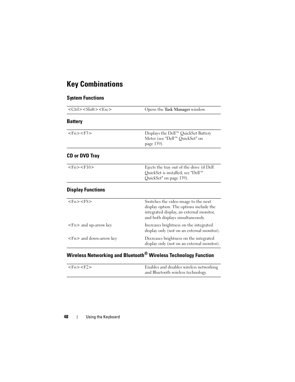 Key combinations, System functions, Battery | Cd or dvd tray, Display functions, Wireless networking and bluetooth, Ee "key combinations | Dell Latitude D530 (Early 2008) User Manual | Page 48 / 176