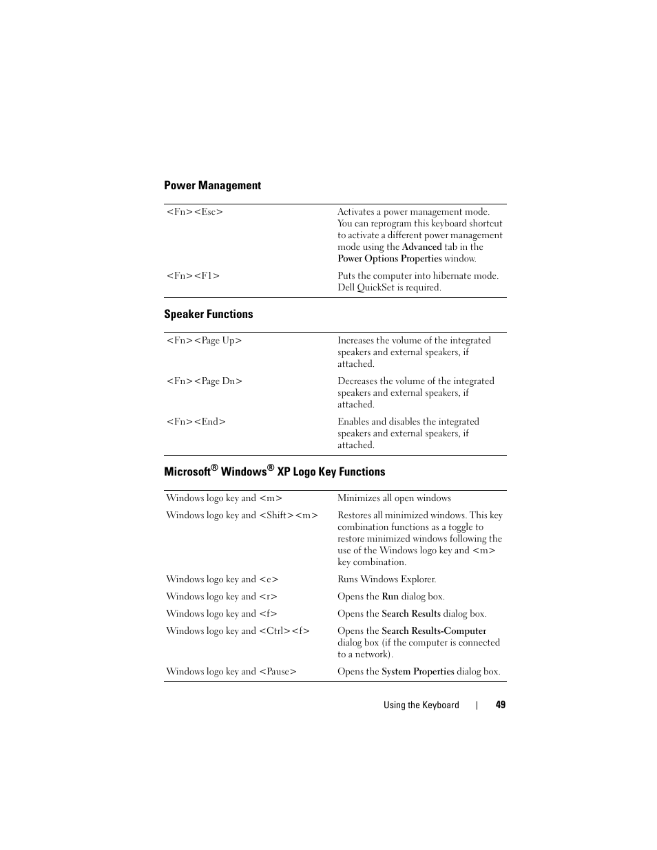 Power management, Speaker functions, Microsoft® windows® xp logo key functions | Dell Latitude D530 (Early 2008) User Manual | Page 49 / 176