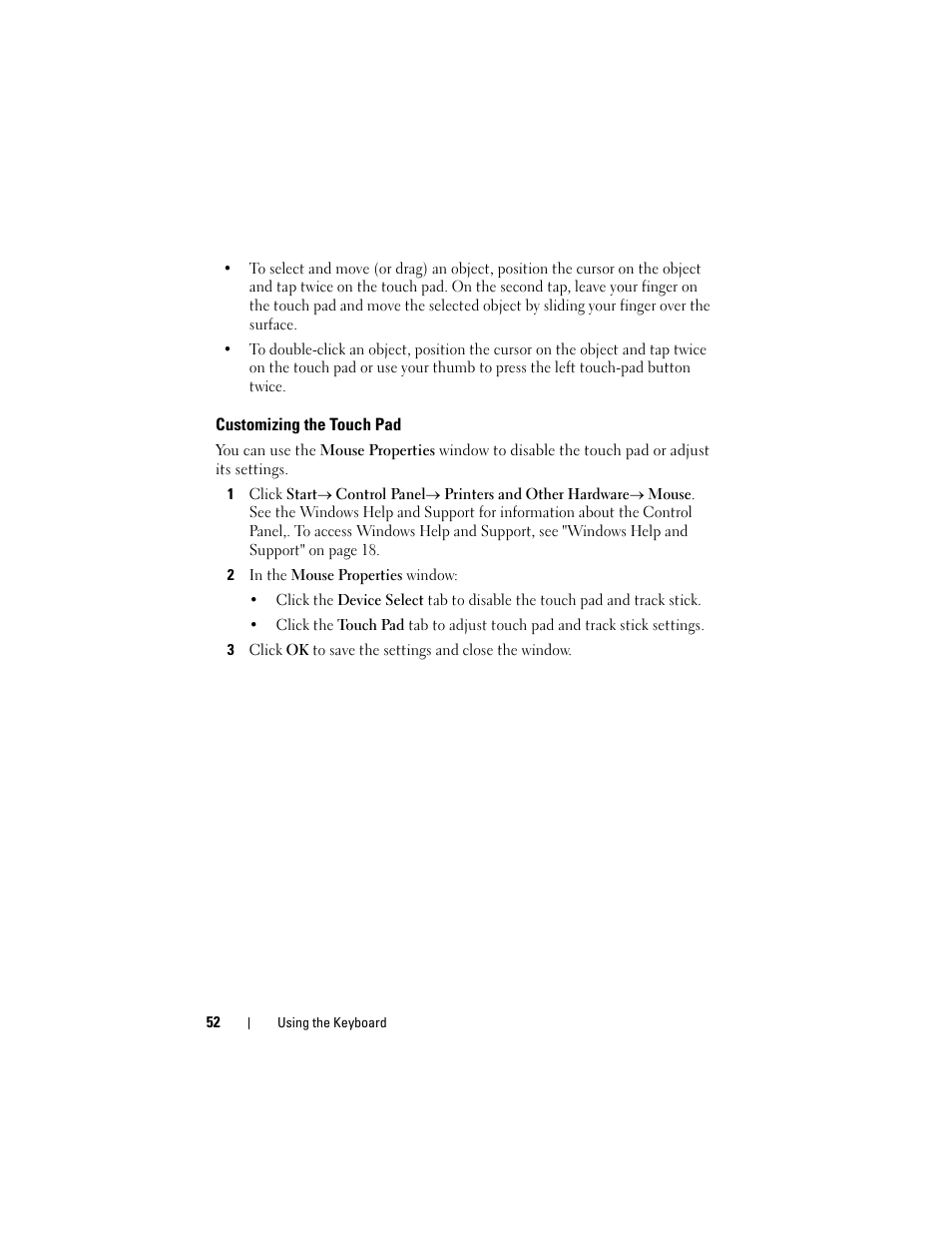 Customizing the touch pad | Dell Latitude D530 (Early 2008) User Manual | Page 52 / 176