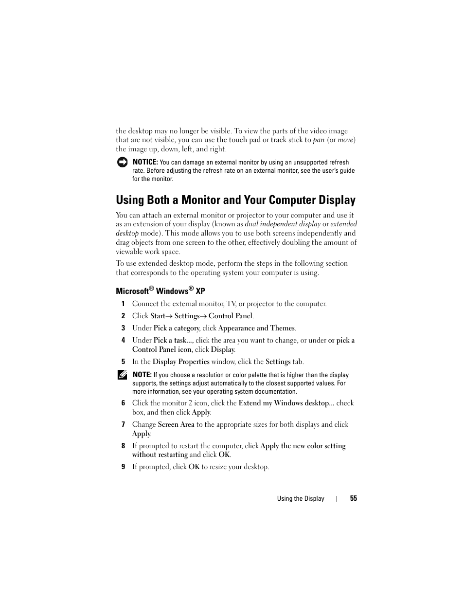 Using both a monitor and your computer display, Microsoft® windows® xp, Microsoft | Dell Latitude D530 (Early 2008) User Manual | Page 55 / 176