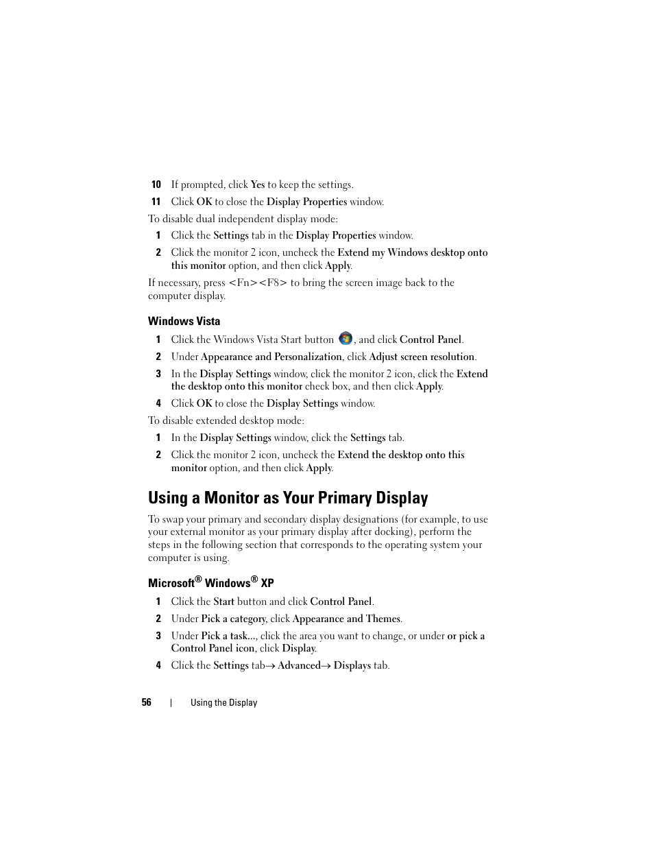 Windows vista, Using a monitor as your primary display, Microsoft® windows® xp | Microsoft | Dell Latitude D530 (Early 2008) User Manual | Page 56 / 176