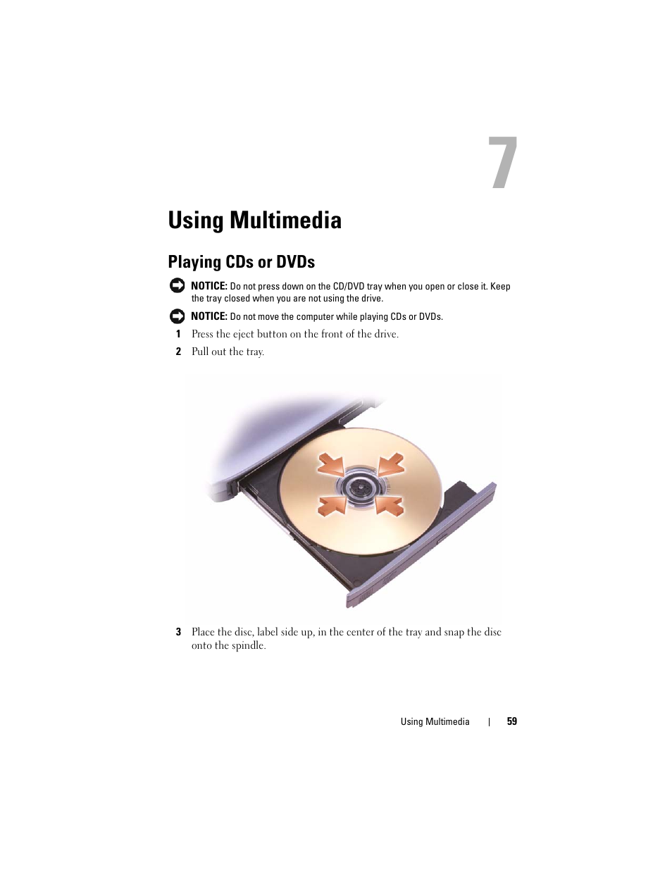 Using multimedia, Playing cds or dvds | Dell Latitude D530 (Early 2008) User Manual | Page 59 / 176