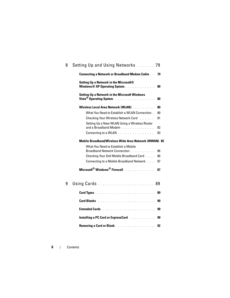8 setting up and using networks, 9 using cards | Dell Latitude D530 (Early 2008) User Manual | Page 6 / 176