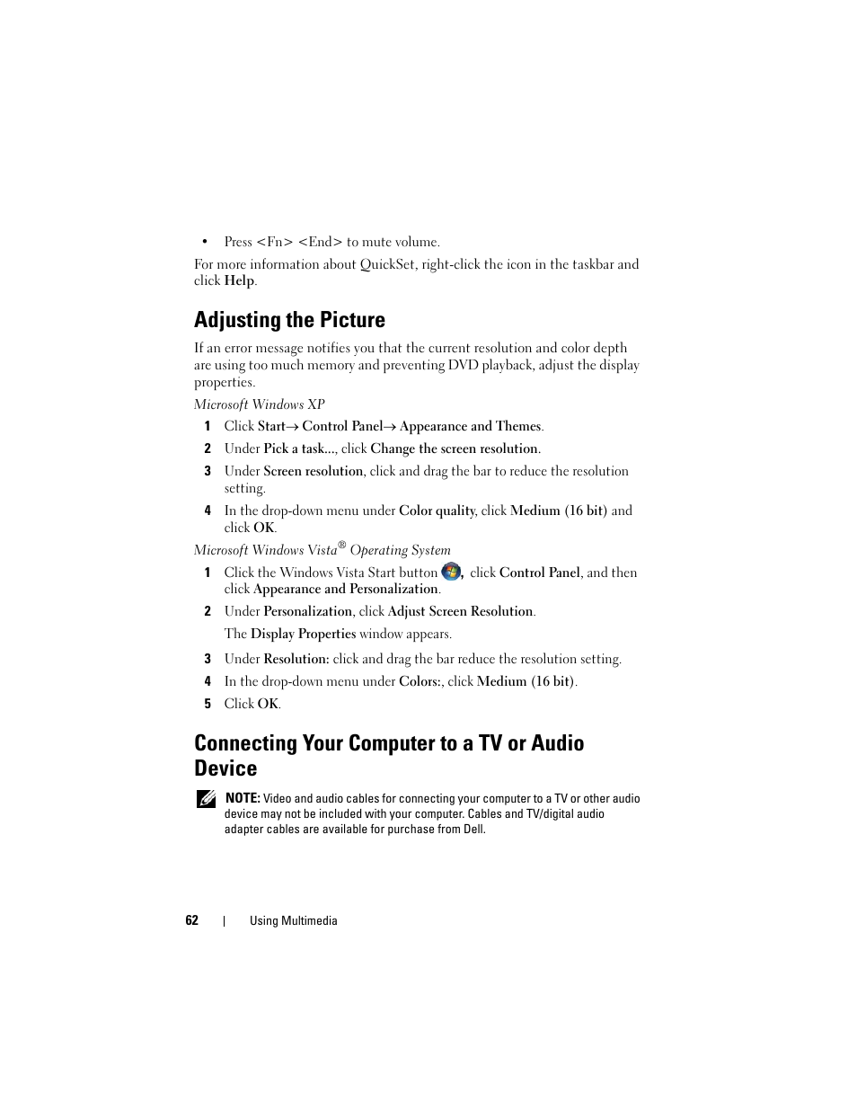 Adjusting the picture, Connecting your computer to a tv or audio device | Dell Latitude D530 (Early 2008) User Manual | Page 62 / 176