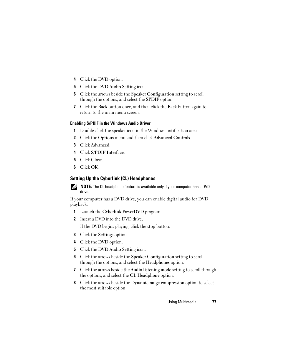 Setting up the cyberlink (cl) headphones | Dell Latitude D530 (Early 2008) User Manual | Page 77 / 176