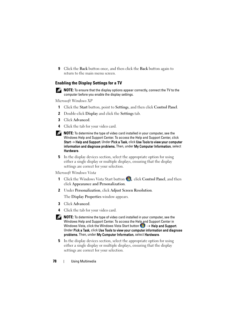 Enabling the display settings for a tv | Dell Latitude D530 (Early 2008) User Manual | Page 78 / 176