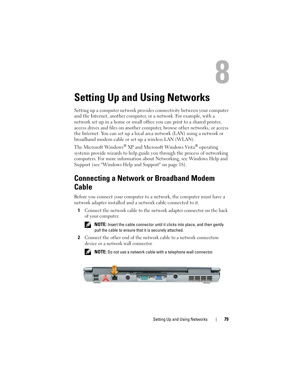 Setting up and using networks, Connecting a network or broadband modem cable | Dell Latitude D530 (Early 2008) User Manual | Page 79 / 176
