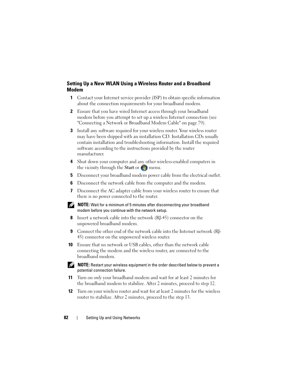 Setting up a new wlan using a wireless router, And a broadband modem | Dell Latitude D530 (Early 2008) User Manual | Page 82 / 176