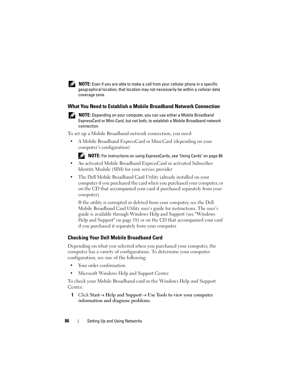 Checking your dell mobile broadband card, What you need to establish a mobile, Broadband network connection | Dell Latitude D530 (Early 2008) User Manual | Page 86 / 176