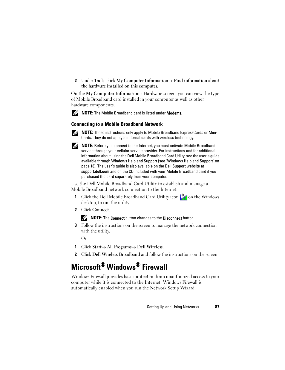 Connecting to a mobile broadband network, Microsoft® windows® firewall, Microsoft | Windows, Firewall | Dell Latitude D530 (Early 2008) User Manual | Page 87 / 176