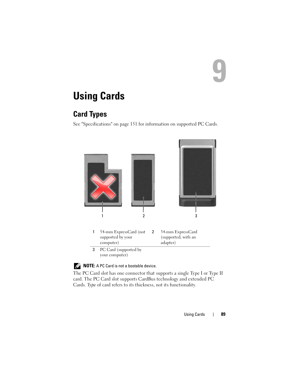 Using cards, Card types | Dell Latitude D530 (Early 2008) User Manual | Page 89 / 176