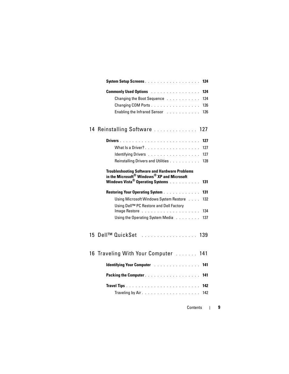 14 reinstalling software, 15 dell™ quickset | Dell Latitude D530 (Early 2008) User Manual | Page 9 / 176